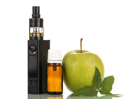 Electronic cigarette and bottle with smoking liquid, green apple, isolated on white backgroundの写真素材