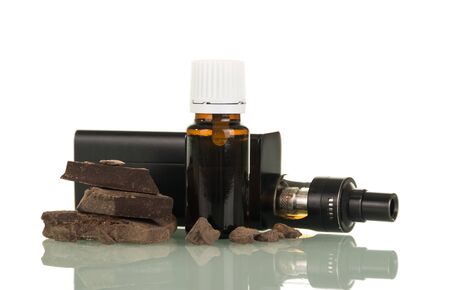 Electronic cigarette for breathe steam and liquid with the smell of chocolate isolated on white backgroundの写真素材
