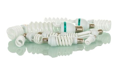 Many different fluorescent light bulbs isolated on white background.の写真素材