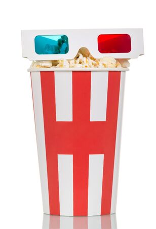 3D-glasses and complete box of popcorn isolated on white background.の写真素材