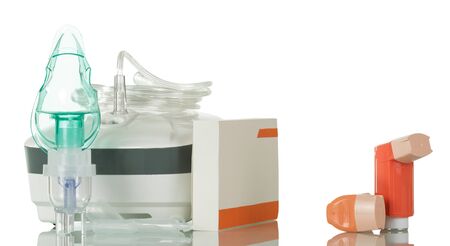 Medical equipment for inhalation, respiratory mask isolated on white backgroundの写真素材