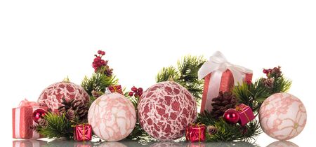Set of Christmas decorations and boxes with gifts, isolated on white backgroundの写真素材