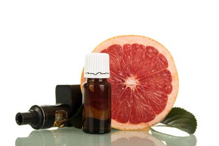 Electronic cigarette, liquid with citrus aroma for smoking, isolated on white backgroundの写真素材