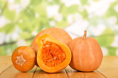 Two ripe whole pumpkins and half on an abstract green background.の写真素材