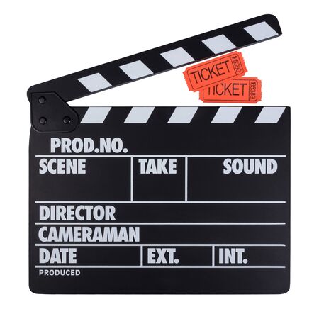 Black with white letters clapper and movie tickets isolated on white background.の写真素材