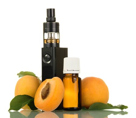 Electronic cigarette and bottle with liquid for wipe-smoking, with apricot fragrance, isolated on white backgroundの写真素材