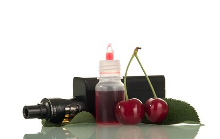 Electronic cigarette with cherry liquid for vaping isolated on white backgroundの写真素材