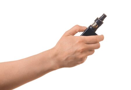 Electronic cigarette for vapor inhalation in female hand, isolated on white backgroundの写真素材
