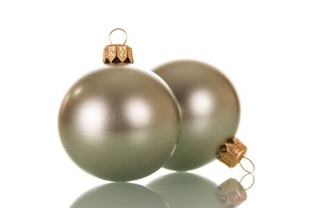 Two silver Christmas ball isolated on white backgroundの写真素材