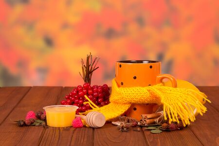 Hot drink from berries of viburnum, honey, warm scarf on wooden tableの写真素材