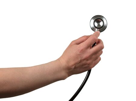 Medical diagnostic tool phonendoscope, in female hand, isolated on white backgroundの写真素材