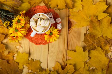 Cup of cappuccino with marshmallows on napkin, next to chrysanthemums on background of yellow autumn leavesの写真素材