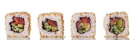 Asian dish sushi rolls with red fish isolated on white backgroundの写真素材