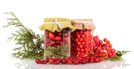 Jars of berries for vitamin tea, next scattered fruit and twig of thuyas isolated on white backgroundの写真素材