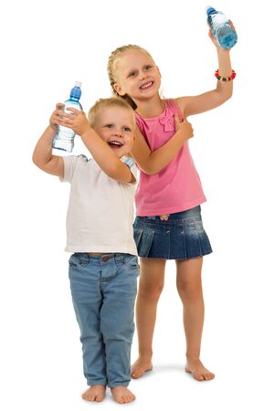Fun playful kids holding bottle with water isolated on white backgroundの写真素材