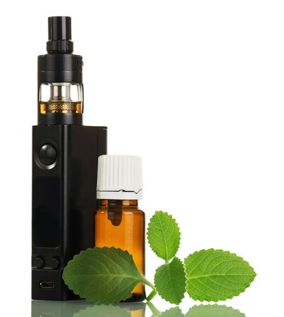 Aromatic liquid and electronic cigarette, mint leaf isolated on white backgroundの写真素材