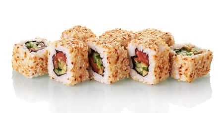 Traditional Asian dish sushi rolls with seafood isolated on white backgroundの写真素材