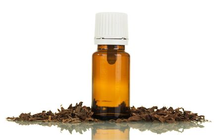 Liquid for vaping E-cigarette, near foliage of tobacco, isolated on white backgroundの写真素材