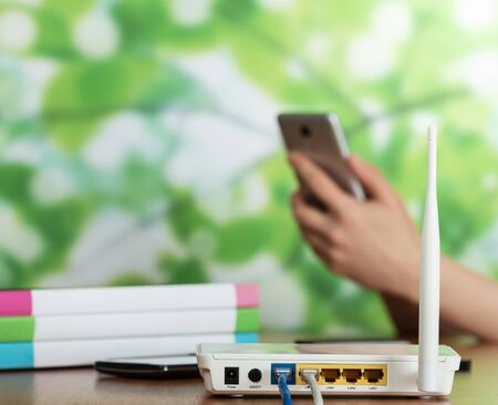 Modern equipment to connect to Internet, documents and smartphone on desktopの写真素材