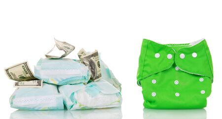 Reusable and disposable diapers, dollars isolated on white backgroundの写真素材