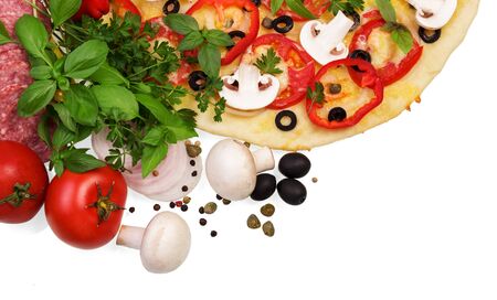 Pizza with salami, mushrooms, peppers, cheese, black olives isolated on a white background.の写真素材