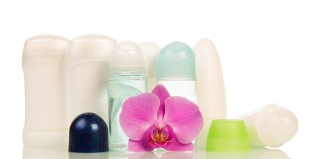 Various deodorant dry and ball, orchid flower isolated on white background.の写真素材