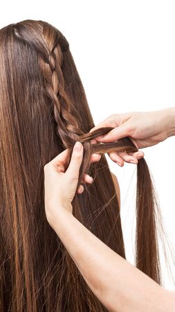Long brown hair to weave into a braid isolated on white background. Back view.の写真素材