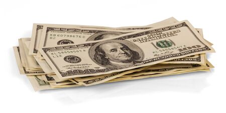 Pile of hundred dollar bills close-up isolated on white background.の写真素材