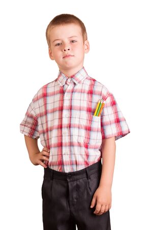 Cute schoolboy with pencils isolated on a white background.の写真素材