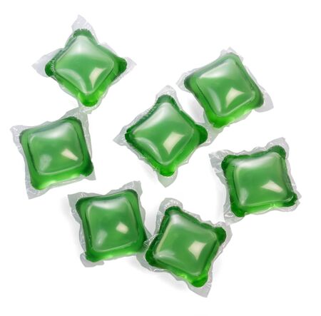 Gel for washing Capsules close-up isolated on white background.の写真素材