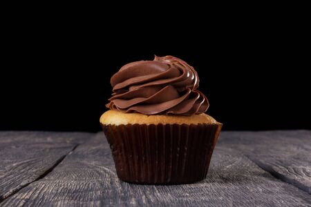 Chocolate cupcake with cocoa butter cream on dark wood, copy space, narrow depth of fieldの写真素材