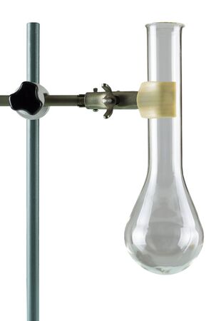 Empty chemical flask closeup fixed in a tripod on a white backgroundの写真素材