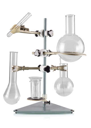 Chemical tripod with different flasks for research isolated on white backgroundの写真素材
