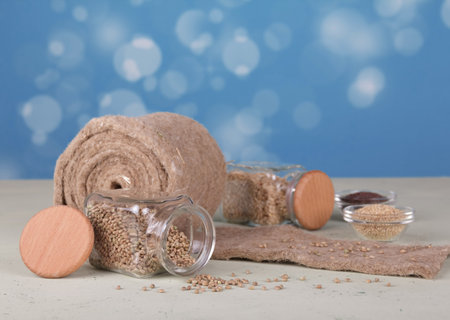 Useful hobby. Set for growing microgreens. Linen mat, plant seedsの写真素材