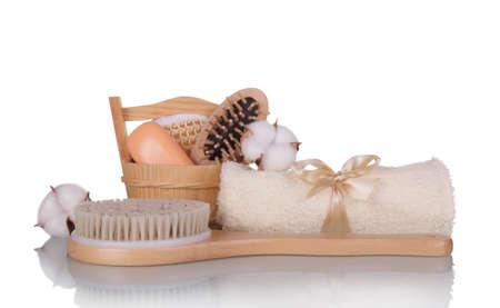 SPA concept. Body brush, soft towel, soap isolated on white backgroundの写真素材