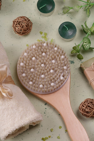 Relax. SPA. Top view. Body brush, scented candles, bath salt.