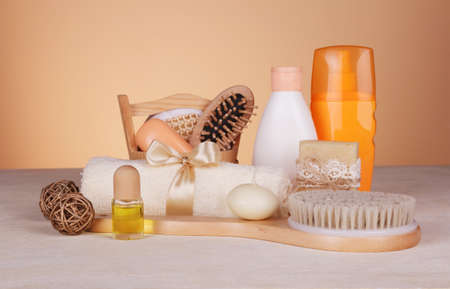 SPA set. Body brush, scented soap, massage oil, candle, skin care productsの写真素材