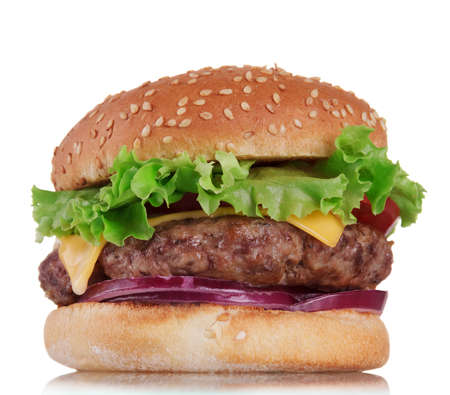 Delicious juicy hamburger with vegetables and meat isolated on white backgroundの写真素材