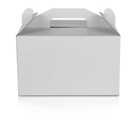 Takeaway cake box. Cardboard box for carrying cake isolated on white backgroundの写真素材