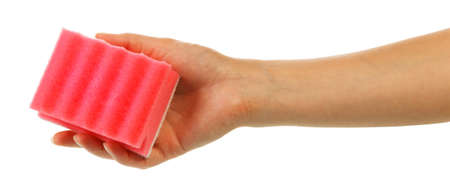 Pink sponge for dishes washing or cleaning in a female hand isolated on white backgroundの写真素材