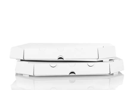 Two white pizza cardboard boxes isolated on white backgroundの写真素材