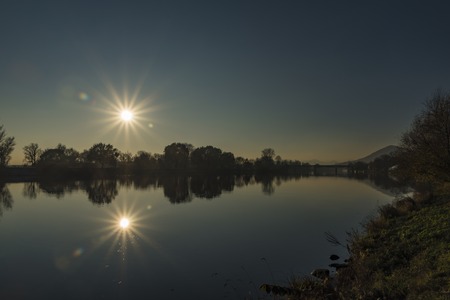 River Labe in Litomerice town in autumn sunny dayの写真素材