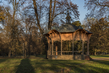 Gazebo in park on island in Litomerice town in autumn timeの写真素材