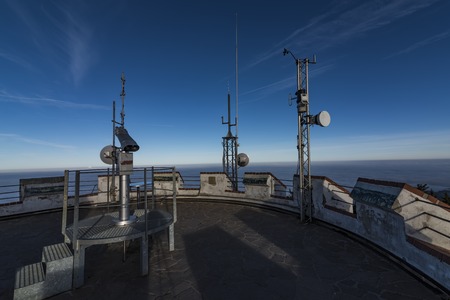 Klet mountain in winter sunny day with observation transmitter and view on Alpsの写真素材