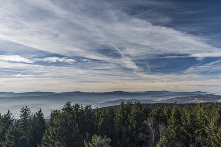 Klet mountain in winter sunny day with observation transmitter and view on Alps and inverseの写真素材