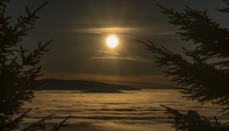 Sunrise in Jeseniky mountains in Christmas time near Kralicky Sneznik hillの写真素材