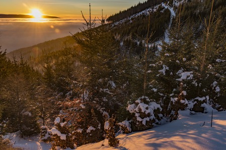 Sunrise in Jeseniky mountains in Christmas time near Kralicky Sneznik hillの写真素材