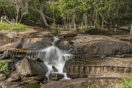 Kbal Spean waterfall and jungle in Cambodia mountains in Januaryの写真素材