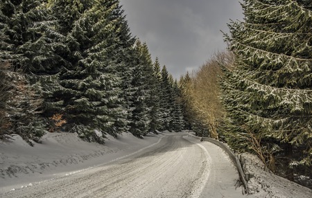 On slopes of Jested hill in winter cold day