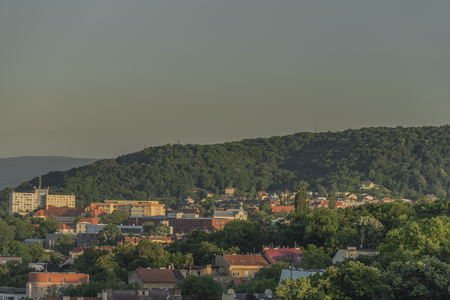 Sunrise in Usti nad Labem city from Marianska rockの写真素材